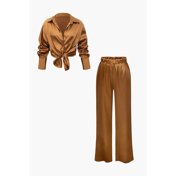 Micas Satin Button Up Long Sleeve Shirt And Pants Set Casual Elegant Coffee L - Picture 1 of 8
